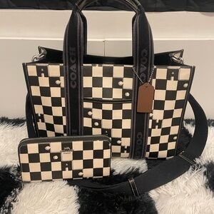 Coach Checkered Tote and Wallet Set in Black and Cream